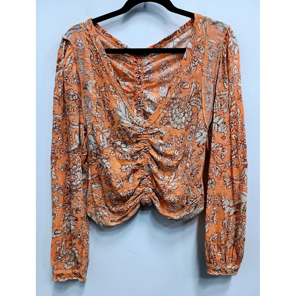 Free People Say The Word Top Womens Medium Orange Floral‎ Ruched Boho V-Neck